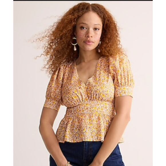 J Crew Puff-Sleeve V-Neck Top in Yellow Scattered Blooms Floral Print Size 10 - Picture 1 of 7